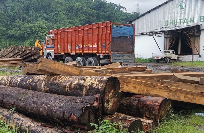 Timber logs and sawn beams at the BBPL yard, with a delivery truck loading